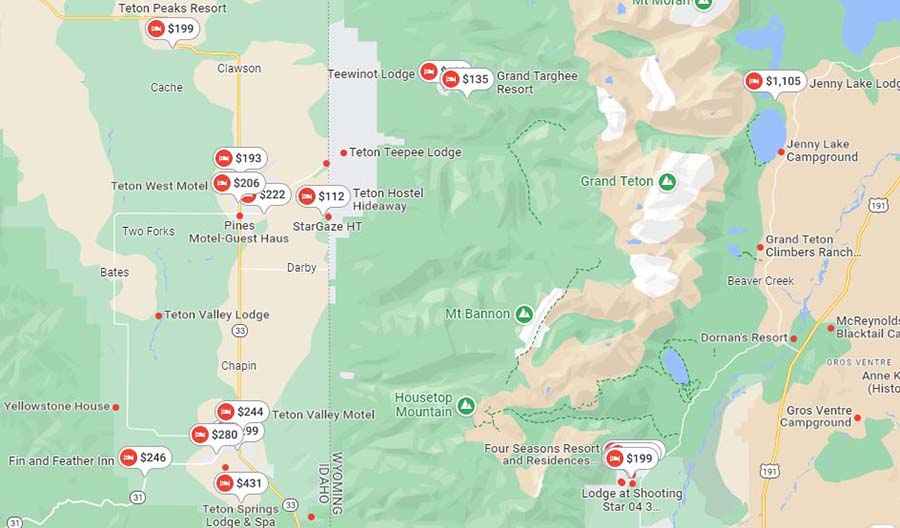 Google's Lodging Results for the Grand Targhee Resort Area